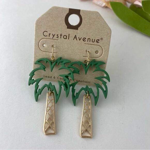 2/$30 Crystal Avenue Green Palm Tree Dangle Earrings Cutout Tropical Fish Hook - Picture 1 of 3